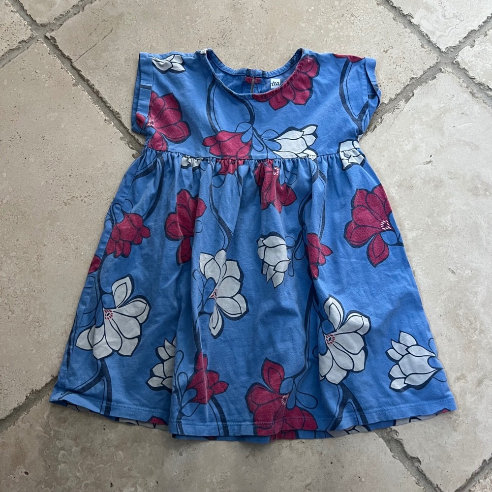 Tea Collection‎ Girls Blue Floral Cotton Short Sleeve Dress Size 4 100% Cotton